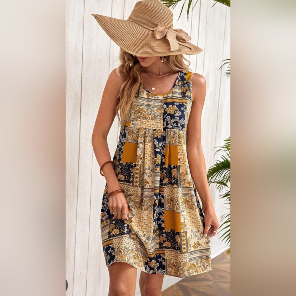Emery Rose NWT sleeveless sundress, gold and blue patchwork, cowgirl